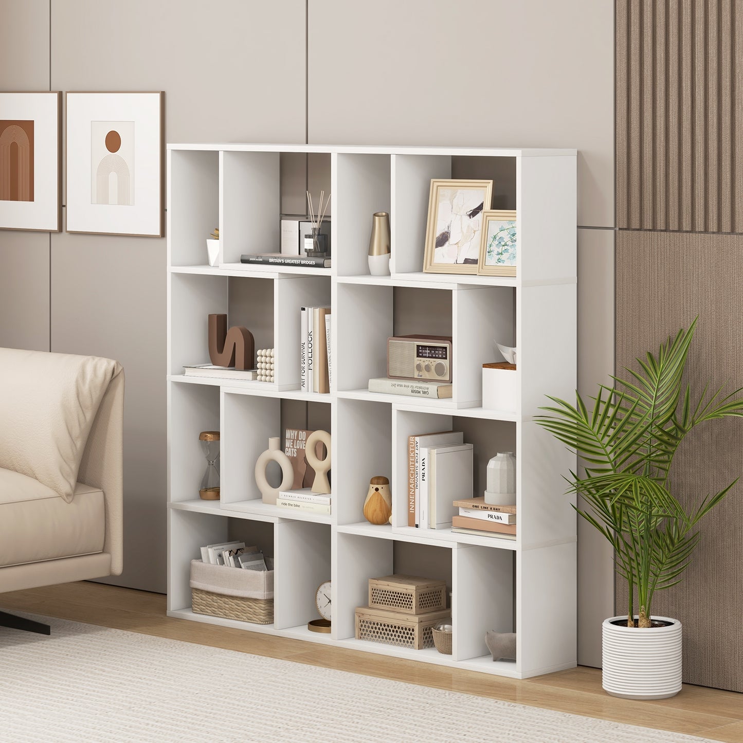 48 Inch 4-Tier Geometric Bookshelf with 8 Cubes for Living Room Bedroom, White Bookcases   at Gallery Canada