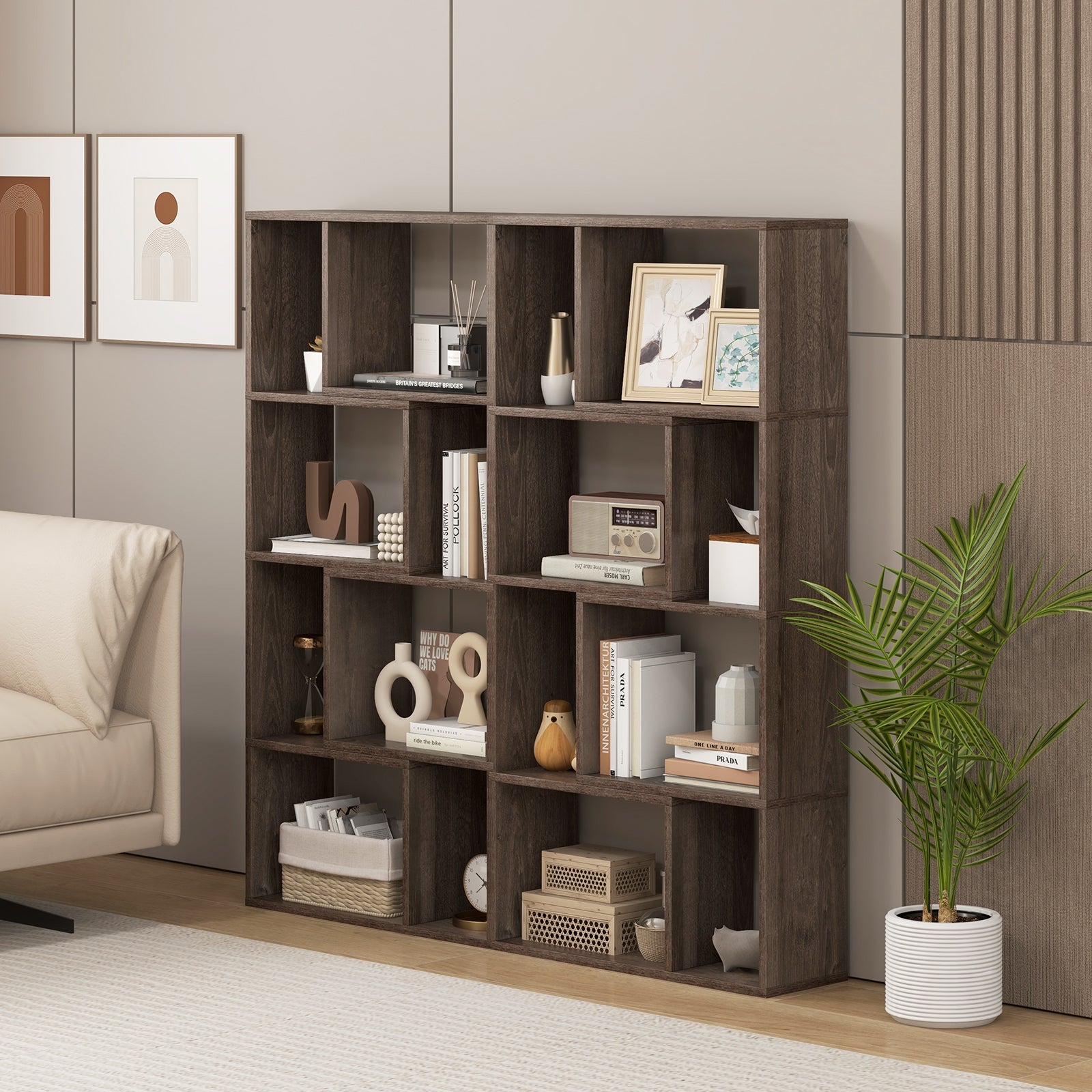 48 Inch 4-Tier Geometric Bookshelf with 8 Cubes for Living Room Bedroom, Gray Bookcases   at Gallery Canada