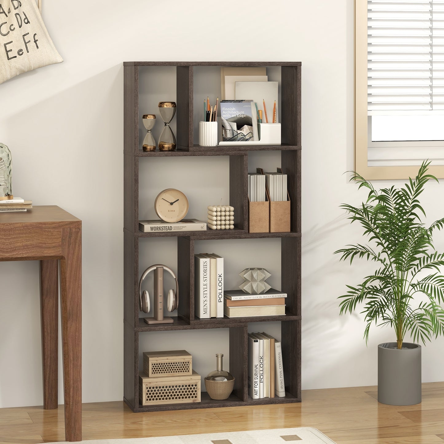 48 Inch 4-Tier Geometric Bookshelf with 8 Cubes for Living Room Bedroom, Gray Bookcases   at Gallery Canada