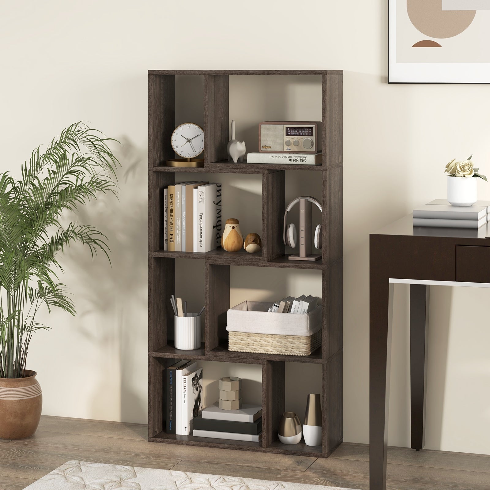 48 Inch 4-Tier Geometric Bookshelf with 8 Cubes for Living Room Bedroom, Gray Bookcases   at Gallery Canada