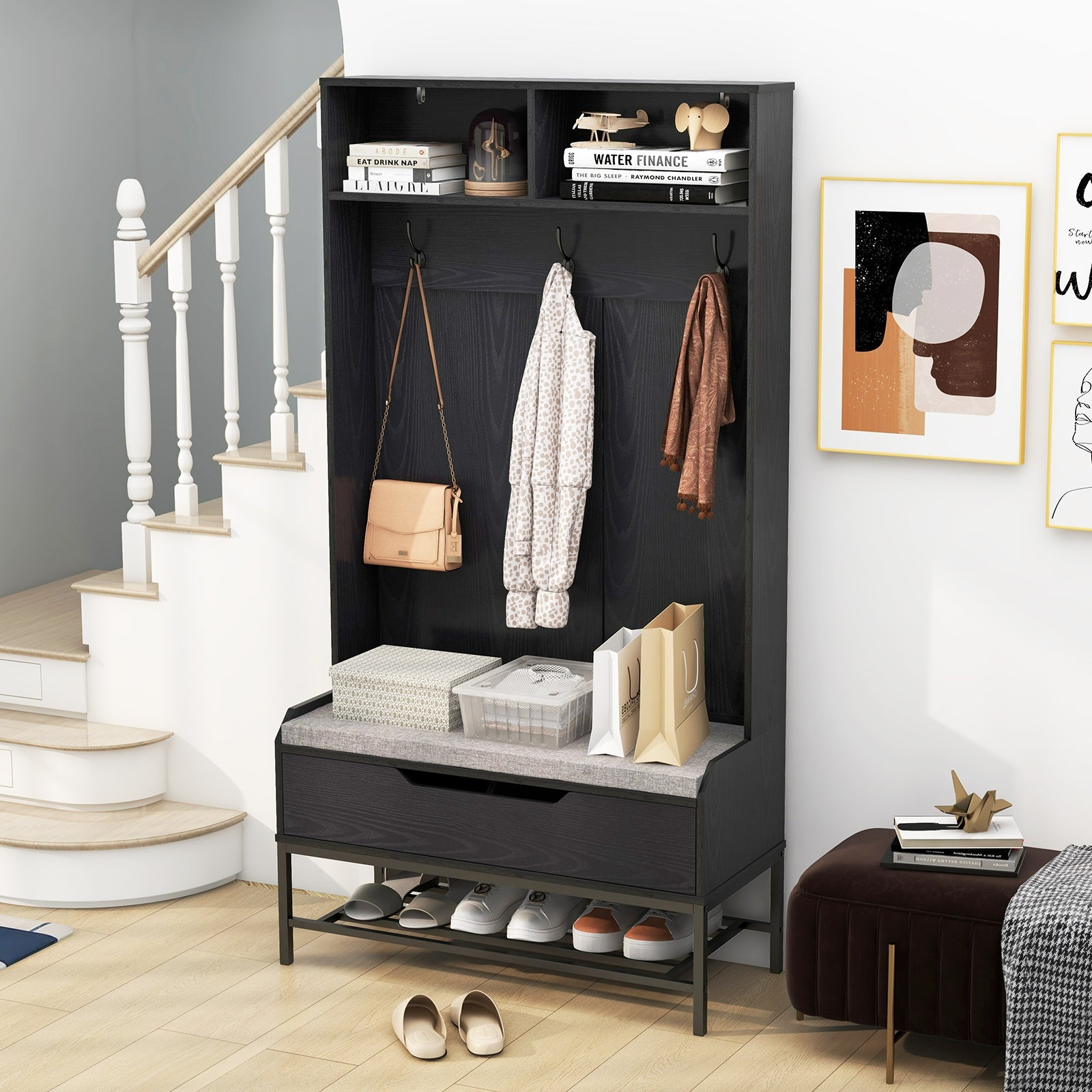 69 Inches Tall Hall Tree 4-in-1 Coat Rack with Seat Cushion and Shoe Storage, Black Coat Racks & Hall Trees at Gallery Canada
