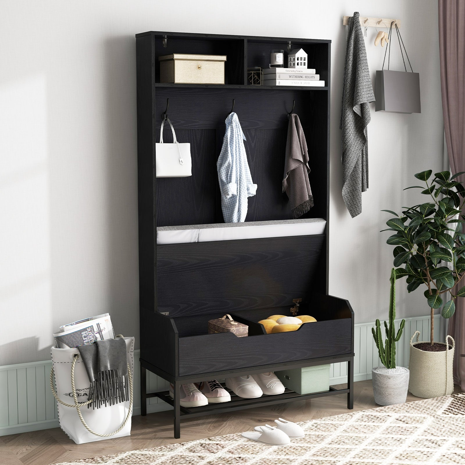 69 Inches Tall Hall Tree 4-in-1 Coat Rack with Seat Cushion and Shoe Storage, Black Coat Racks & Hall Trees at Gallery Canada