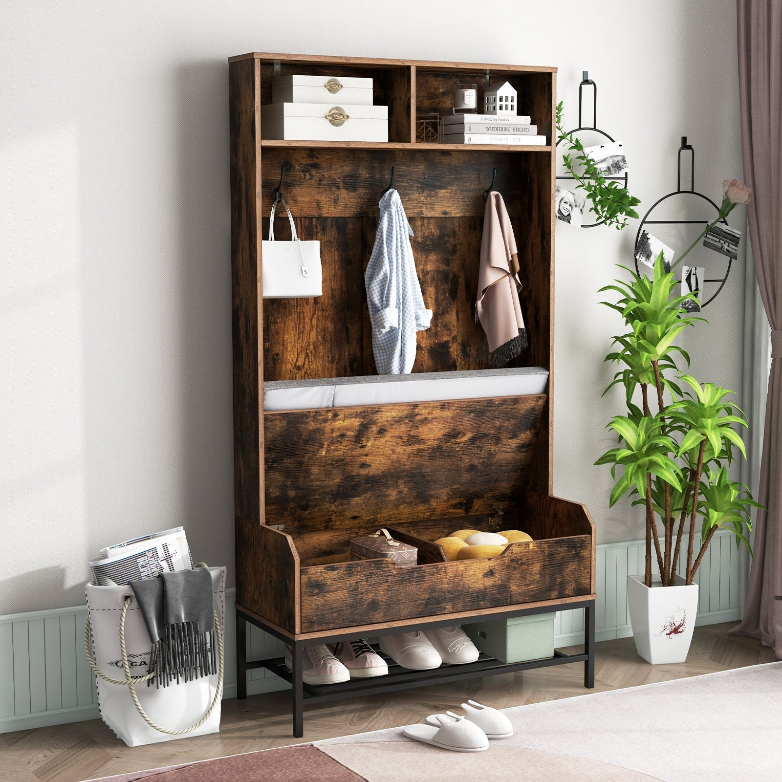 69 Inches Tall Hall Tree 4-in-1 Coat Rack with Seat Cushion and Shoe Storage, Rustic Brown Coat Racks & Hall Trees at Gallery Canada