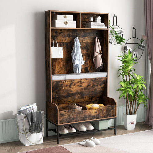 69 Inches Tall Hall Tree 4-in-1 Coat Rack with Seat Cushion and Shoe Storage, Rustic Brown