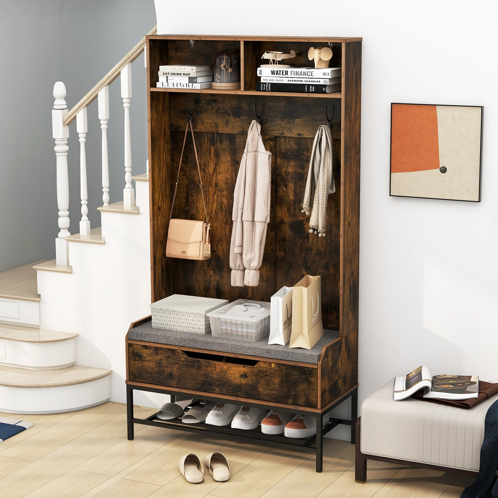 69 Inches Tall Hall Tree 4-in-1 Coat Rack with Seat Cushion and Shoe Storage, Rustic Brown Coat Racks & Hall Trees at Gallery Canada