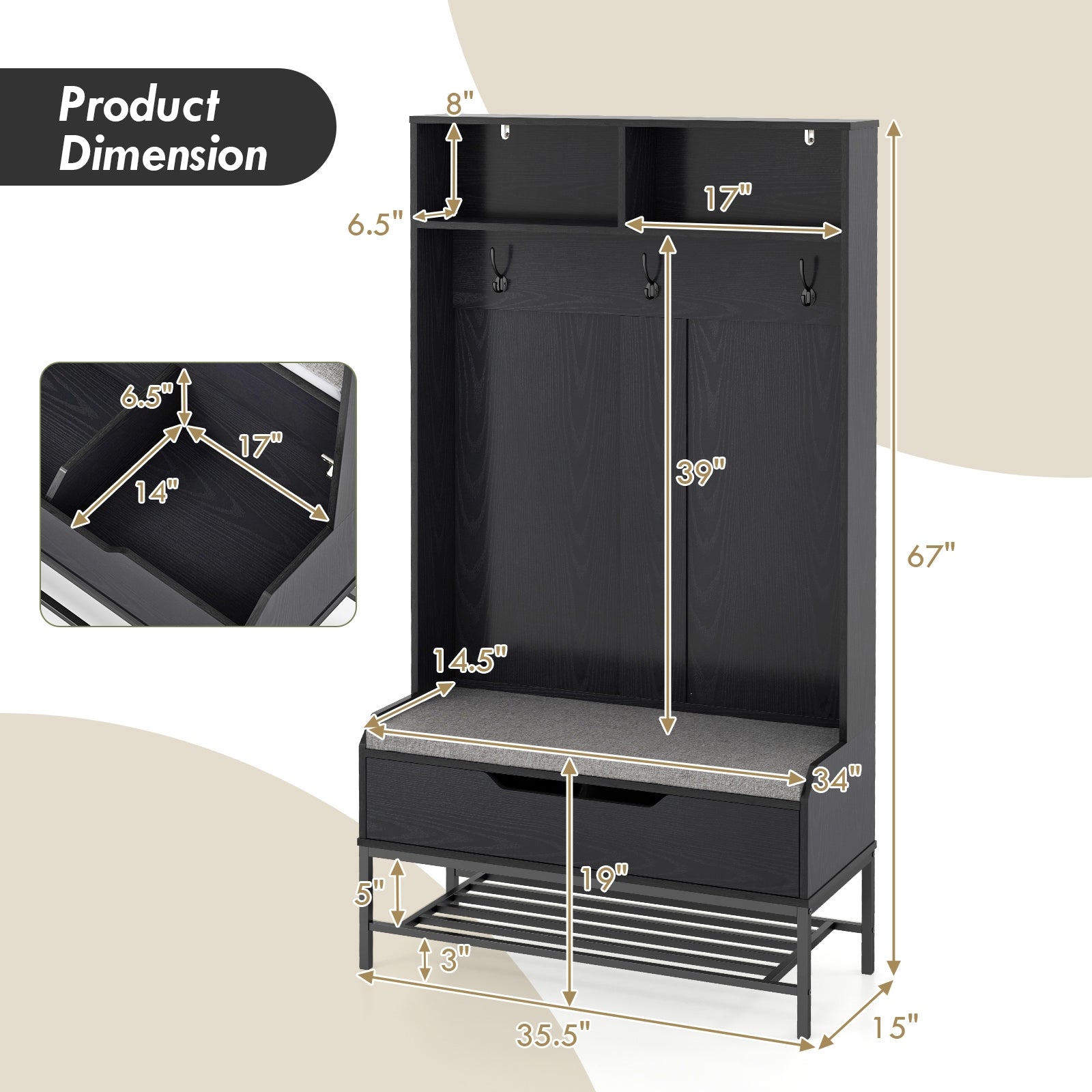 69 Inches Tall Hall Tree 4-in-1 Coat Rack with Seat Cushion and Shoe Storage, Black Coat Racks & Hall Trees at Gallery Canada