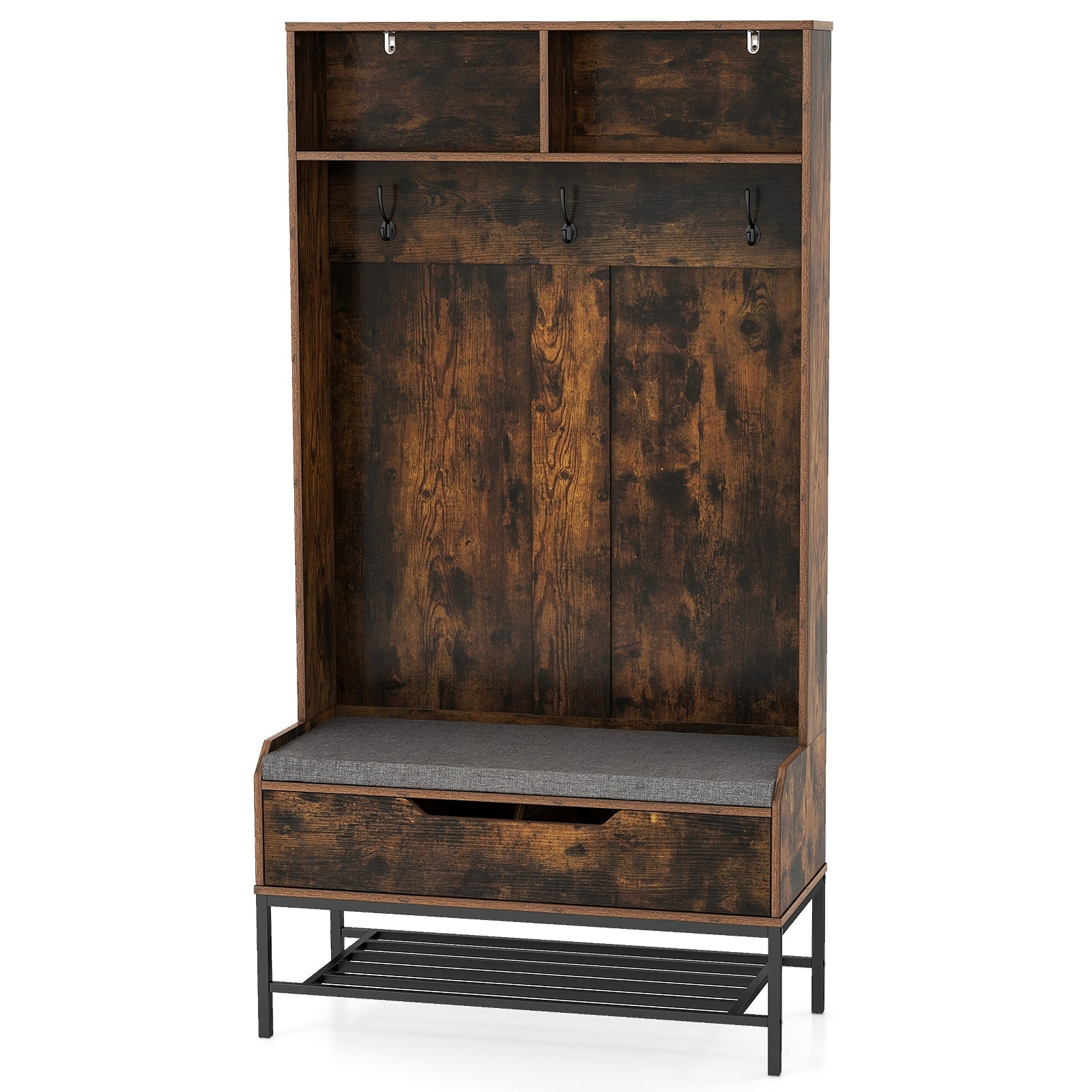 69 Inches Tall Hall Tree 4-in-1 Coat Rack with Seat Cushion and Shoe Storage, Rustic Brown Coat Racks & Hall Trees at Gallery Canada