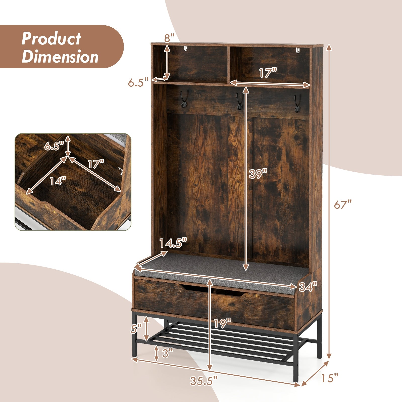 69 Inches Tall Hall Tree 4-in-1 Coat Rack with Seat Cushion and Shoe Storage, Rustic Brown Coat Racks & Hall Trees at Gallery Canada