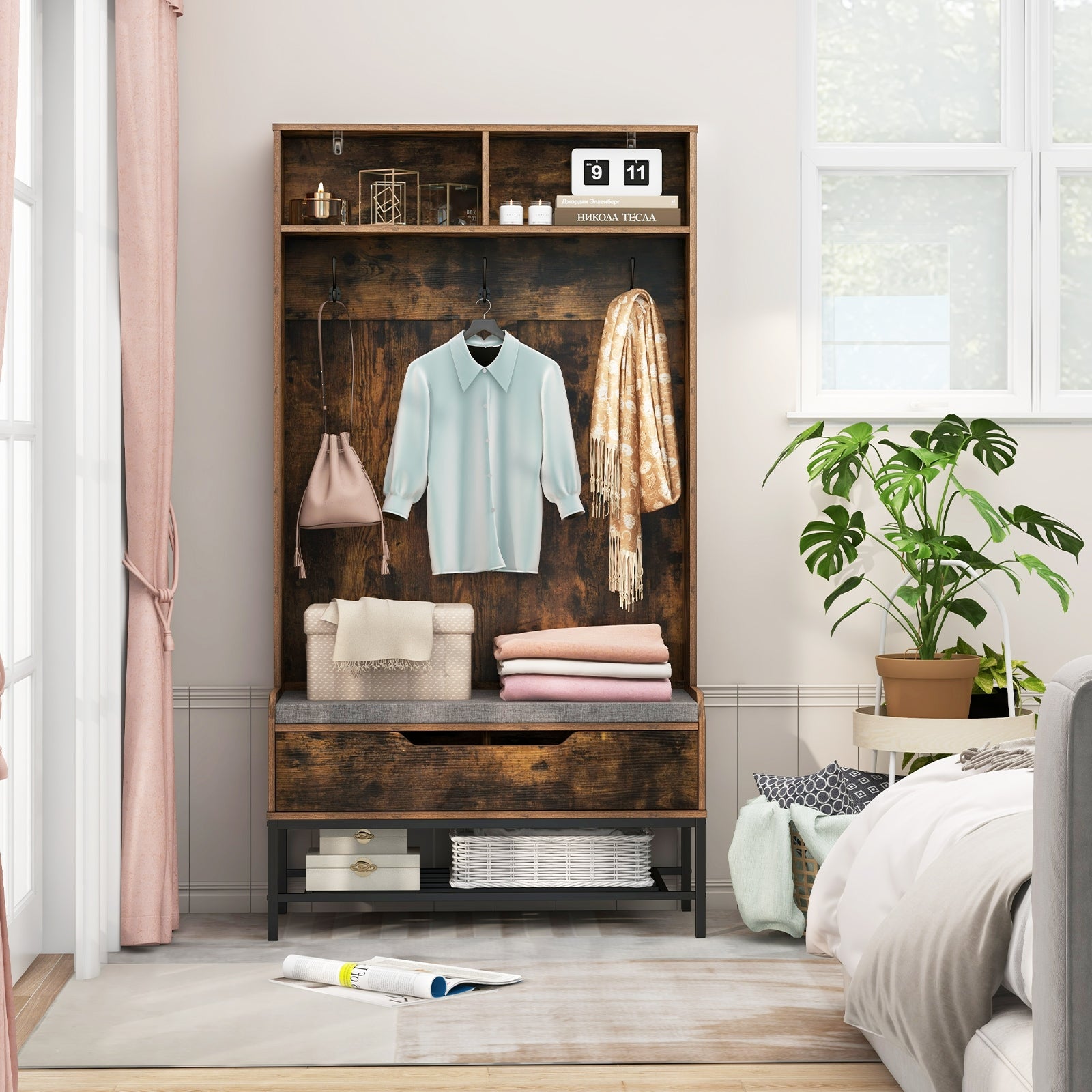 69 Inches Tall Hall Tree 4-in-1 Coat Rack with Seat Cushion and Shoe Storage, Rustic Brown Coat Racks & Hall Trees at Gallery Canada
