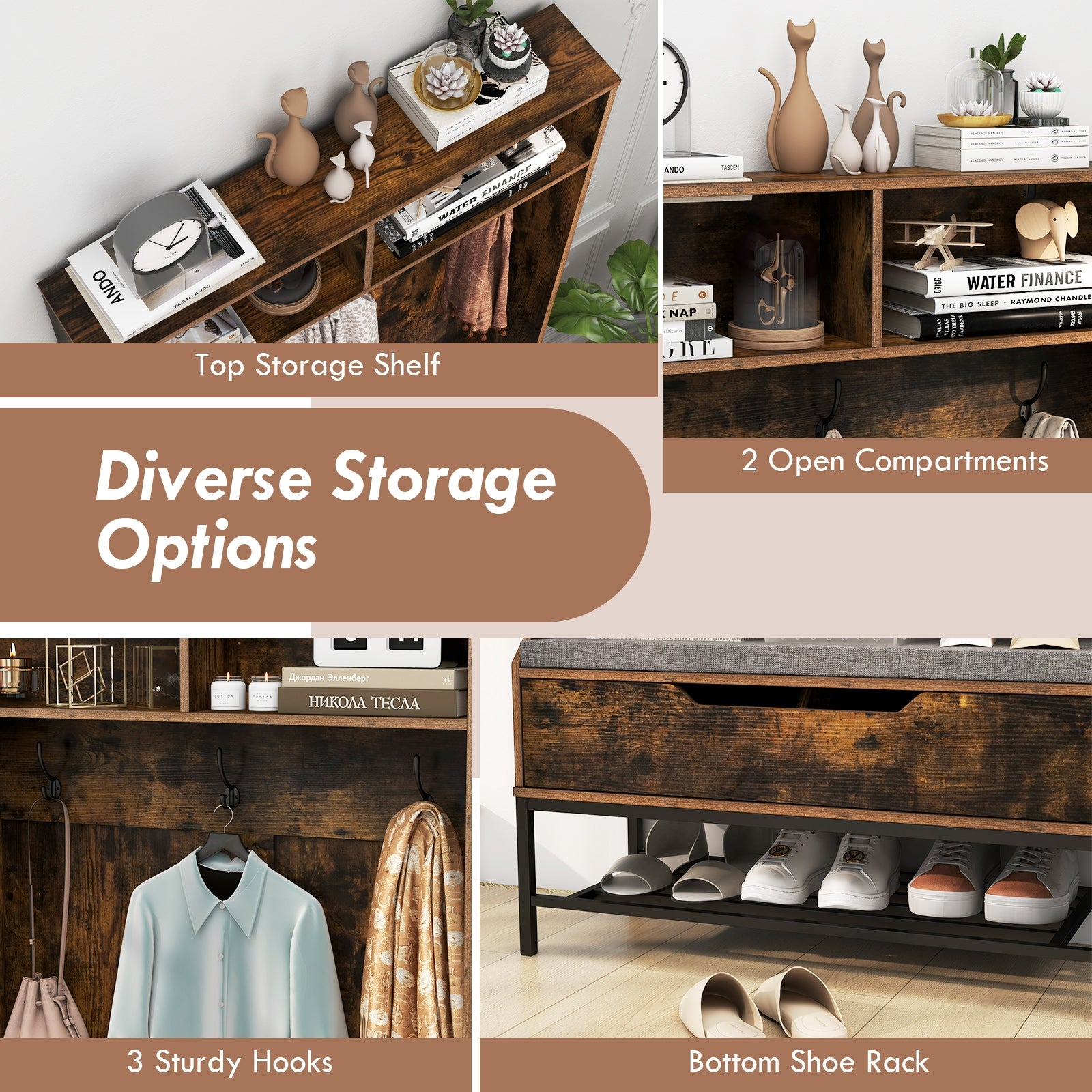 69 Inches Tall Hall Tree 4-in-1 Coat Rack with Seat Cushion and Shoe Storage, Rustic Brown Coat Racks & Hall Trees at Gallery Canada