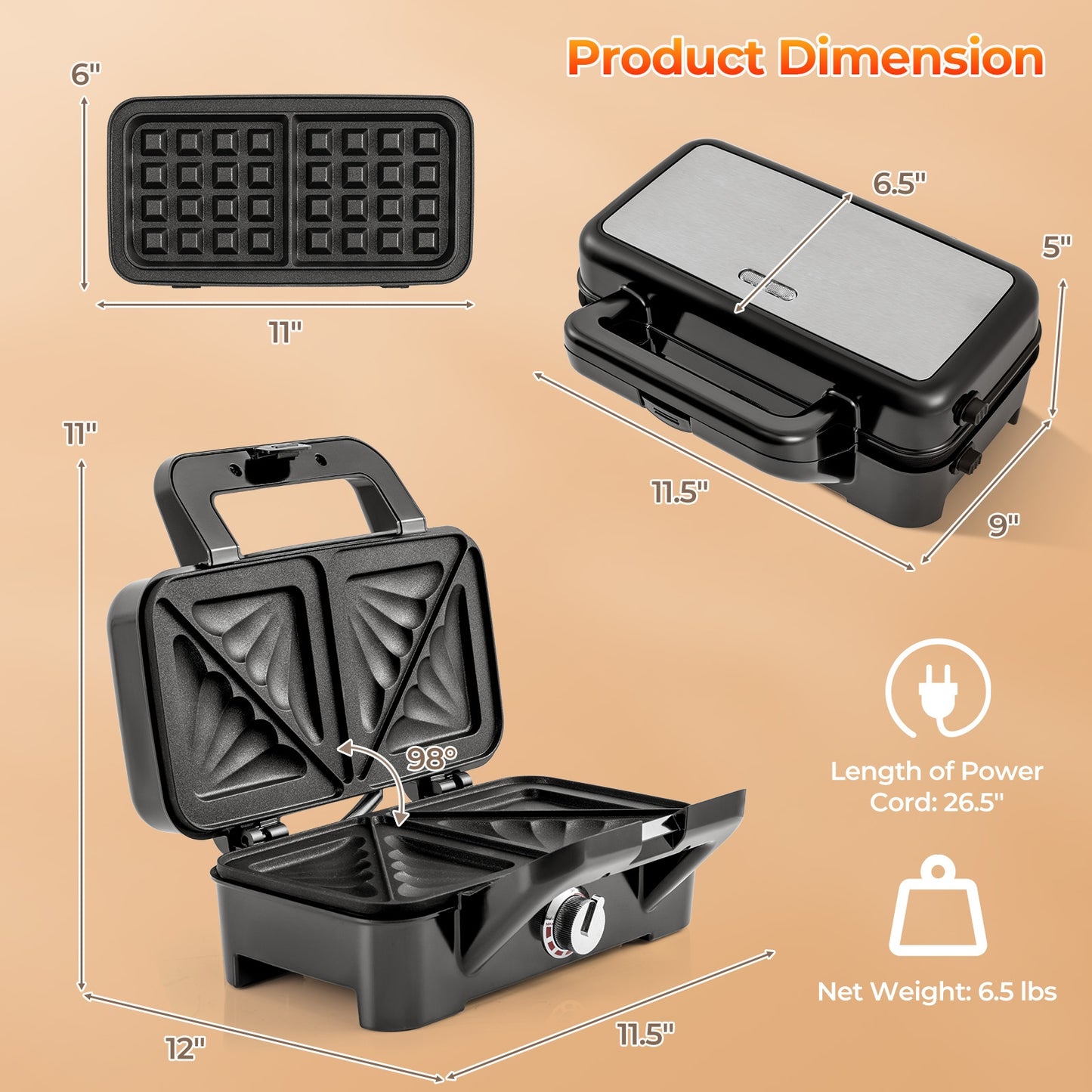 3-in-1 1200W Sandwich Maker with Removable Non-Stick Plates, Black Small Appliances   at Gallery Canada