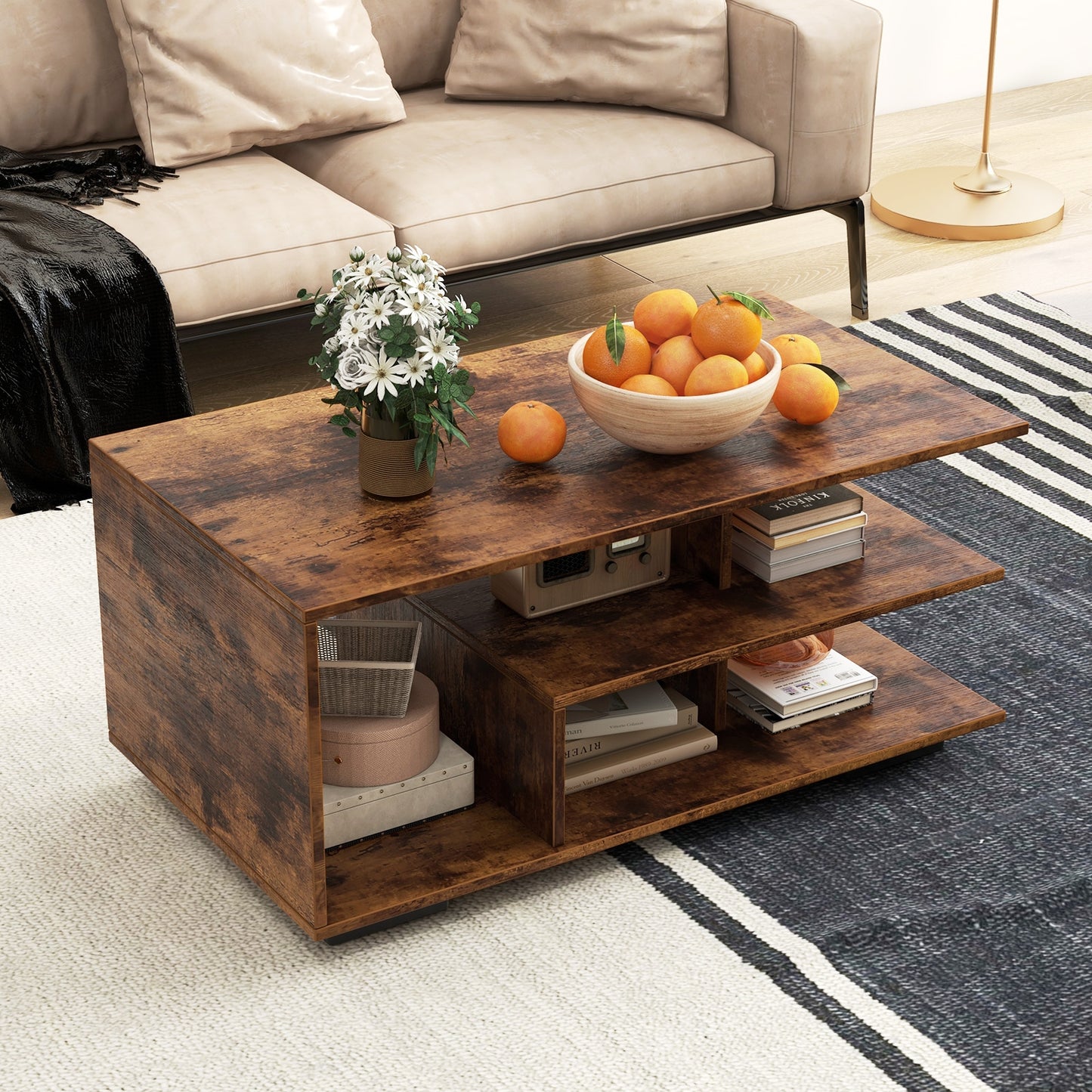 Rectangular Coffee Table with L-shaped Middle Shelf, Brown Coffee Tables   at Gallery Canada