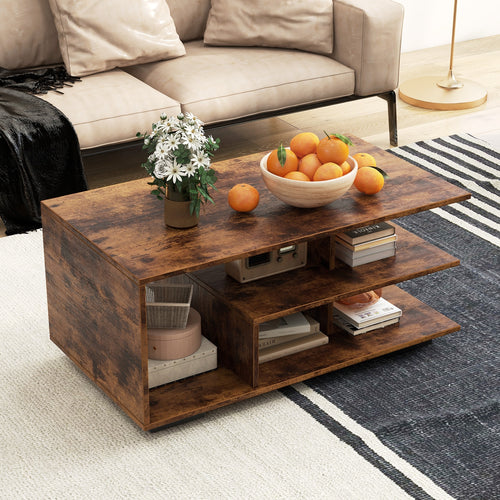 Rectangular Coffee Table with L-shaped Middle Shelf, Brown