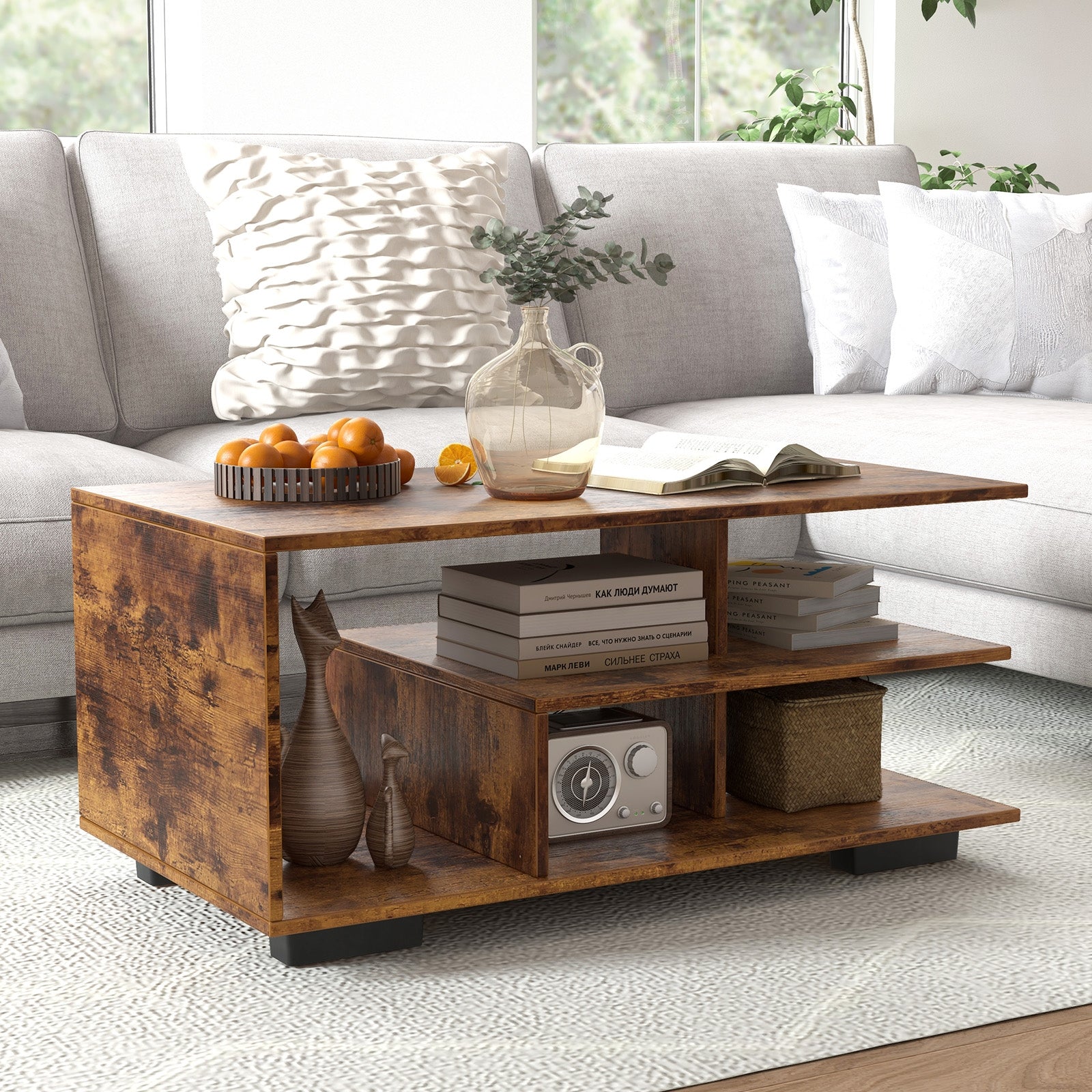 Rectangular Coffee Table with L-shaped Middle Shelf, Brown Coffee Tables   at Gallery Canada