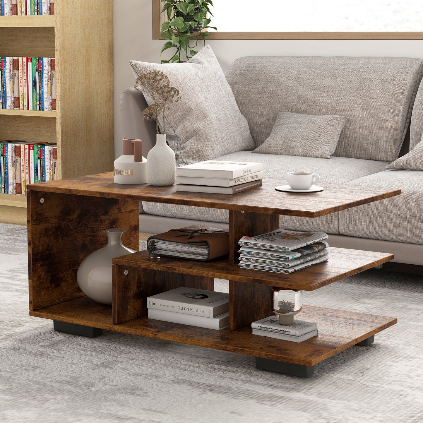 Rectangular Coffee Table with L-shaped Middle Shelf, Brown Coffee Tables   at Gallery Canada