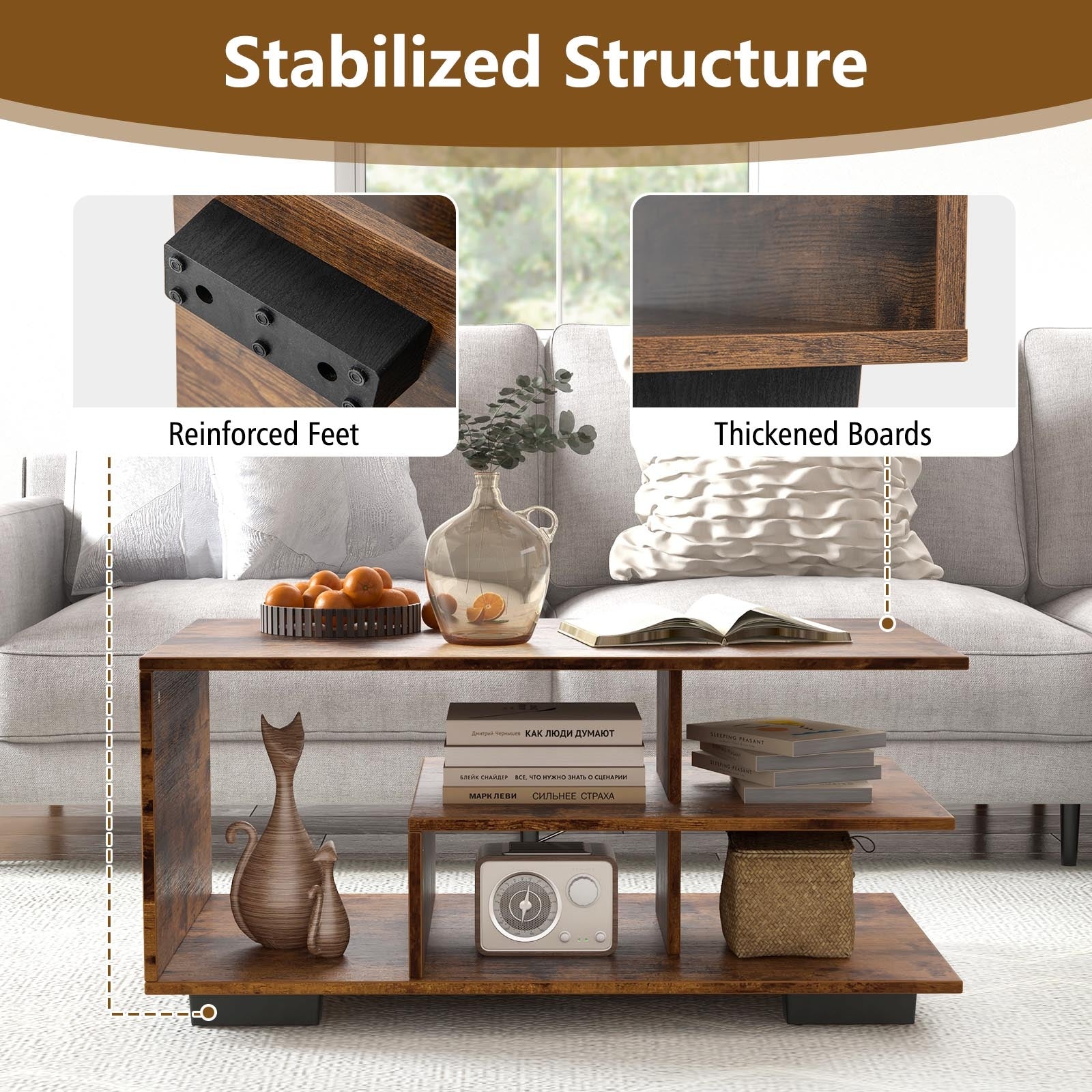 Rectangular Coffee Table with L-shaped Middle Shelf, Brown Coffee Tables   at Gallery Canada