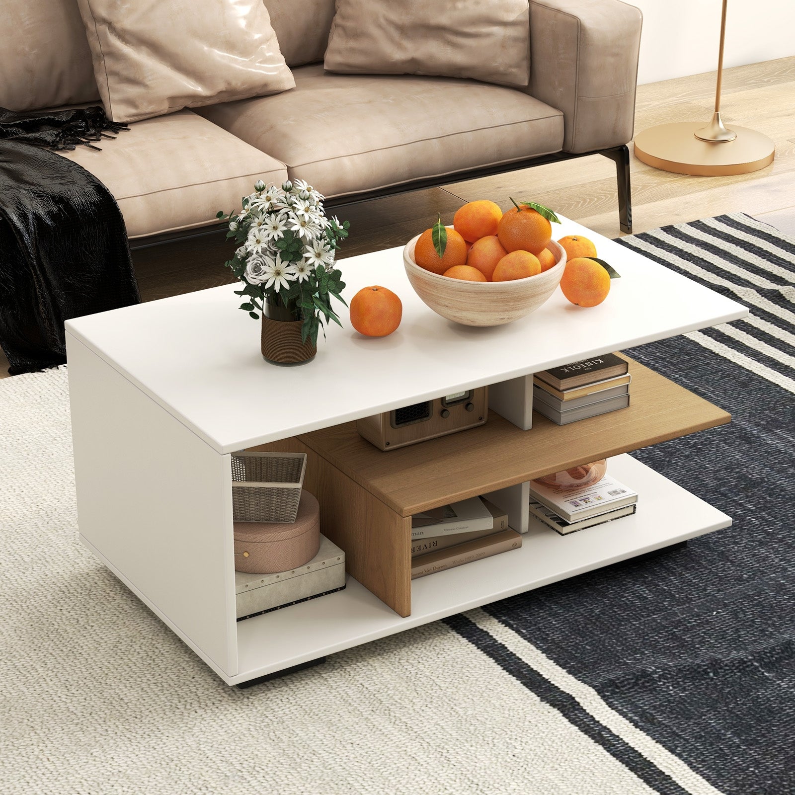 Rectangular Coffee Table with L-shaped Middle Shelf, White Coffee Tables   at Gallery Canada