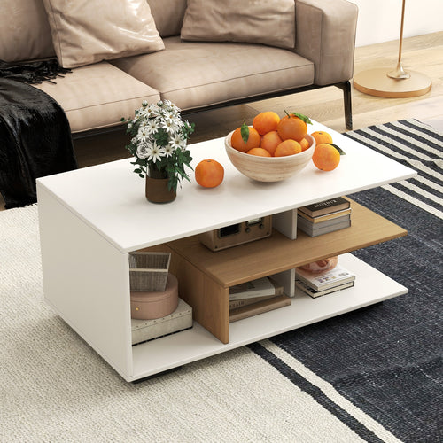 Rectangular Coffee Table with L-shaped Middle Shelf, White