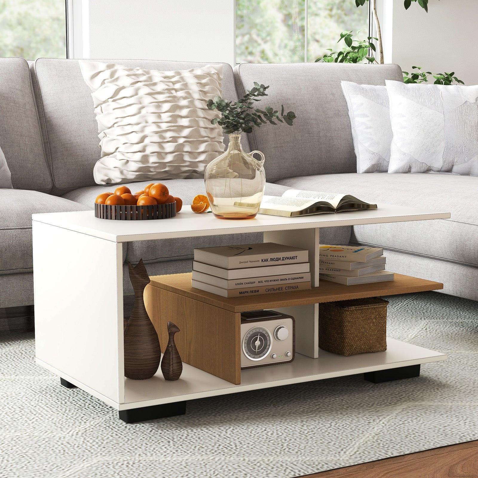 Rectangular Coffee Table with L-shaped Middle Shelf, White Coffee Tables   at Gallery Canada