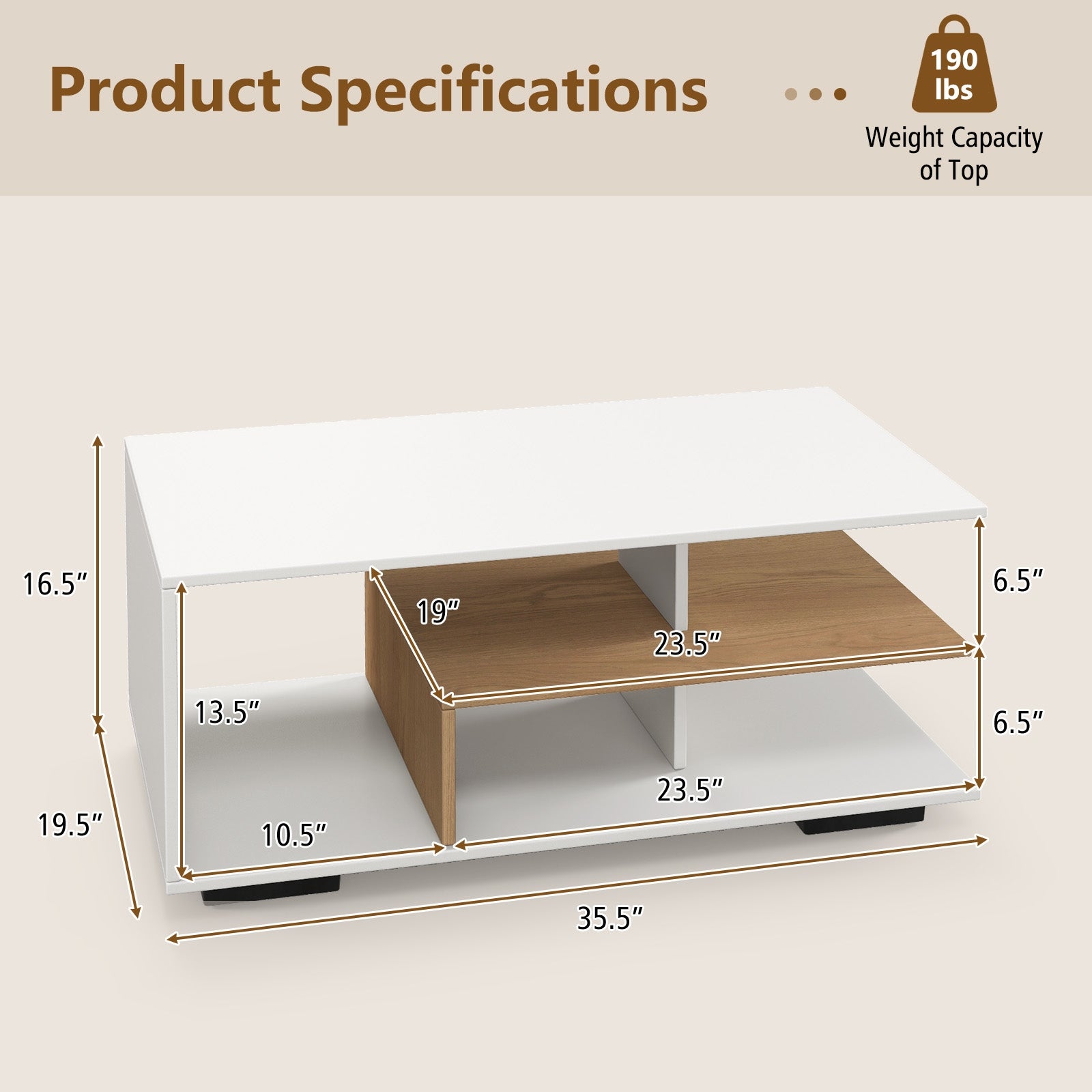 Rectangular Coffee Table with L-shaped Middle Shelf, White Coffee Tables   at Gallery Canada