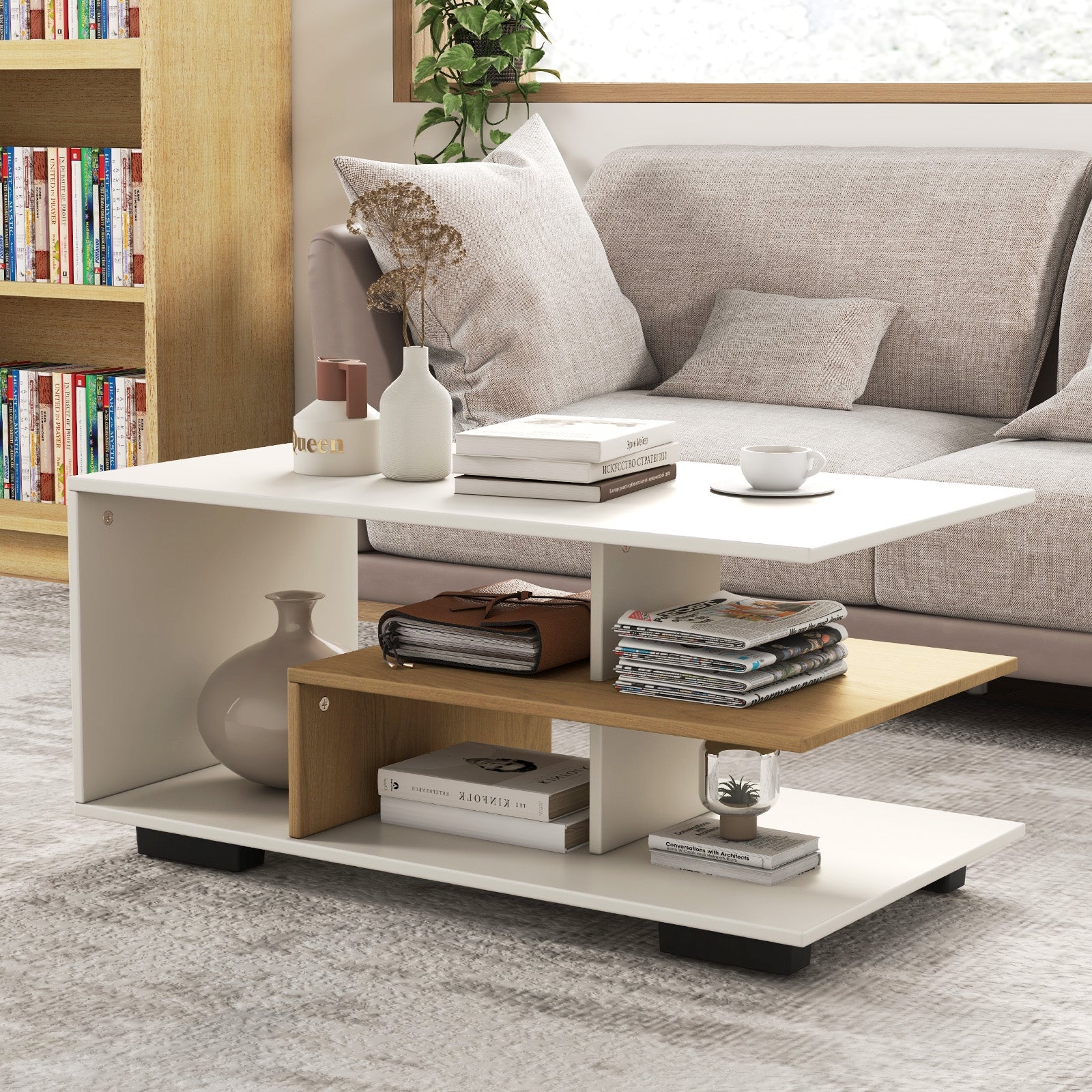 Rectangular Coffee Table with L-shaped Middle Shelf, White Coffee Tables   at Gallery Canada