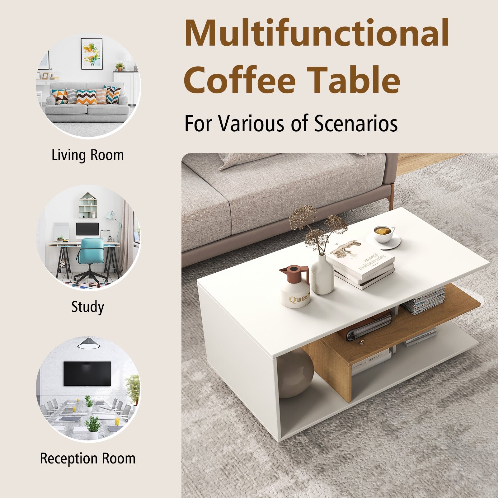 Rectangular Coffee Table with L-shaped Middle Shelf, White Coffee Tables   at Gallery Canada