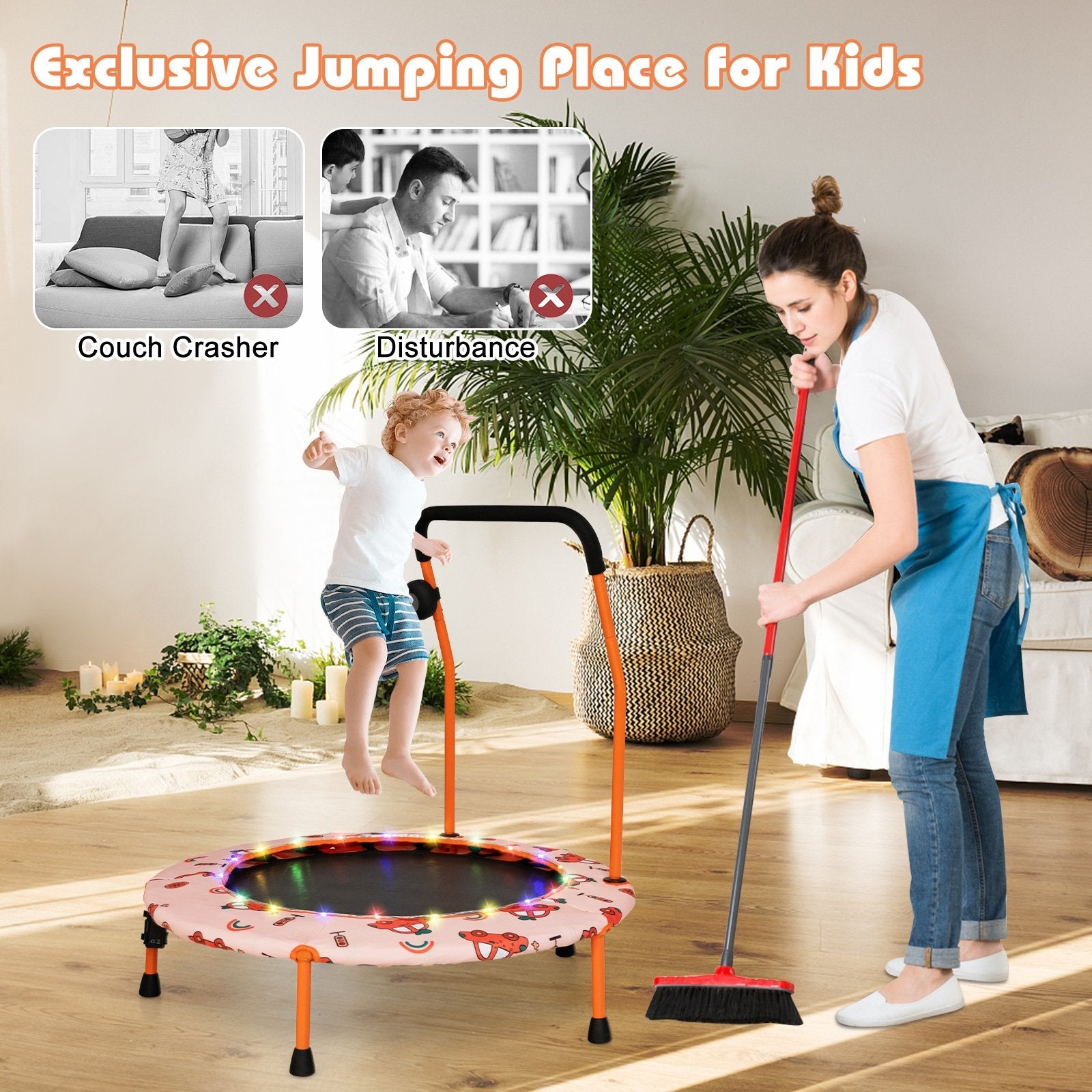 36 Inch Mini Trampoline with Colorful LED Lights and Bluetooth Speaker, Orange Trampolines   at Gallery Canada