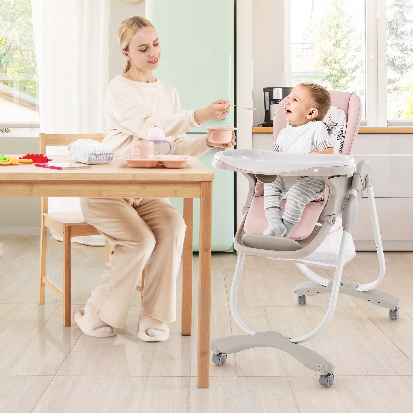 Multifunctional Folding Baby High Chair with Rolling Wheels and Adjustable Height, Pink High Chairs   at Gallery Canada