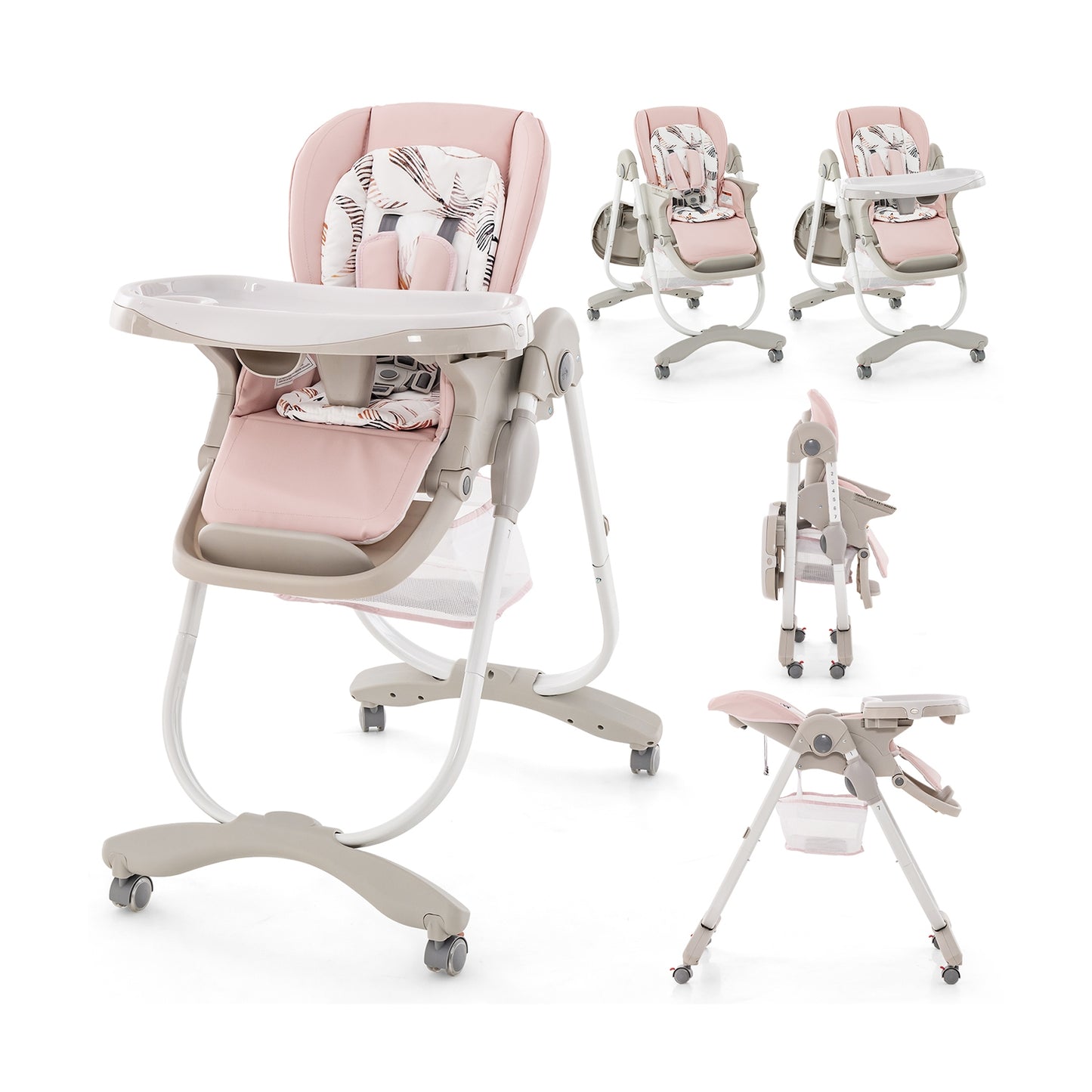 Multifunctional Folding Baby High Chair with Rolling Wheels and Adjustable Height, Pink High Chairs Pink  at Gallery Canada