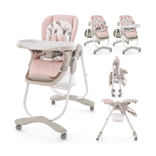 Multifunctional Folding Baby High Chair with Rolling Wheels and Adjustable Height, Pink High Chairs Pink  at Gallery Canada