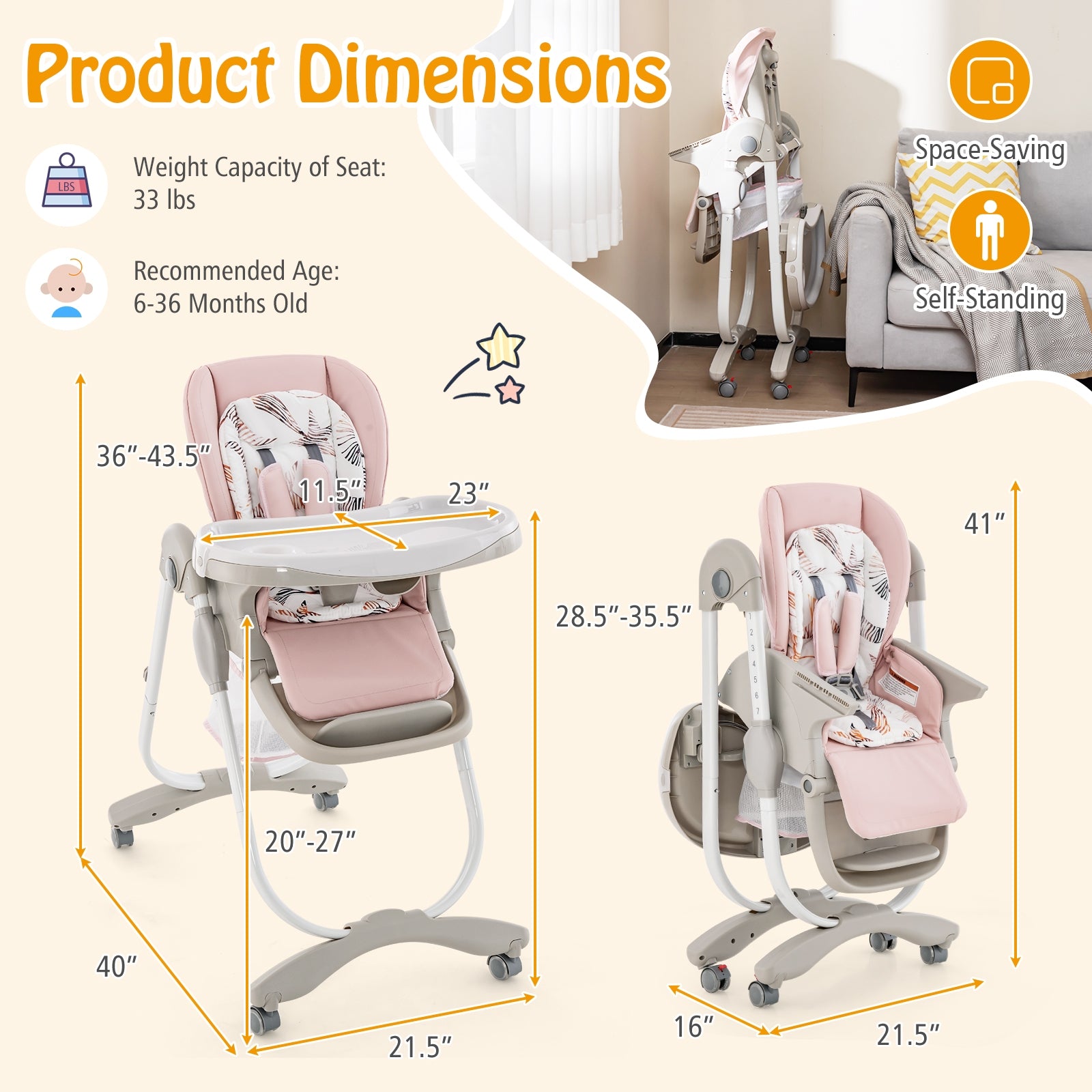 Multifunctional Folding Baby High Chair with Rolling Wheels and Adjustable Height, Pink High Chairs   at Gallery Canada