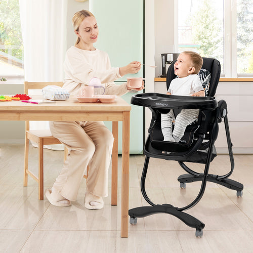 Multifunctional Folding Baby High Chair with Rolling Wheels and Adjustable Height, Black