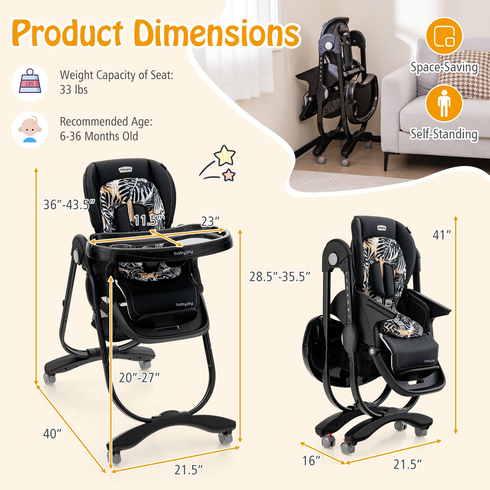 Multifunctional Folding Baby High Chair with Rolling Wheels and Adjustable Height, Black High Chairs   at Gallery Canada