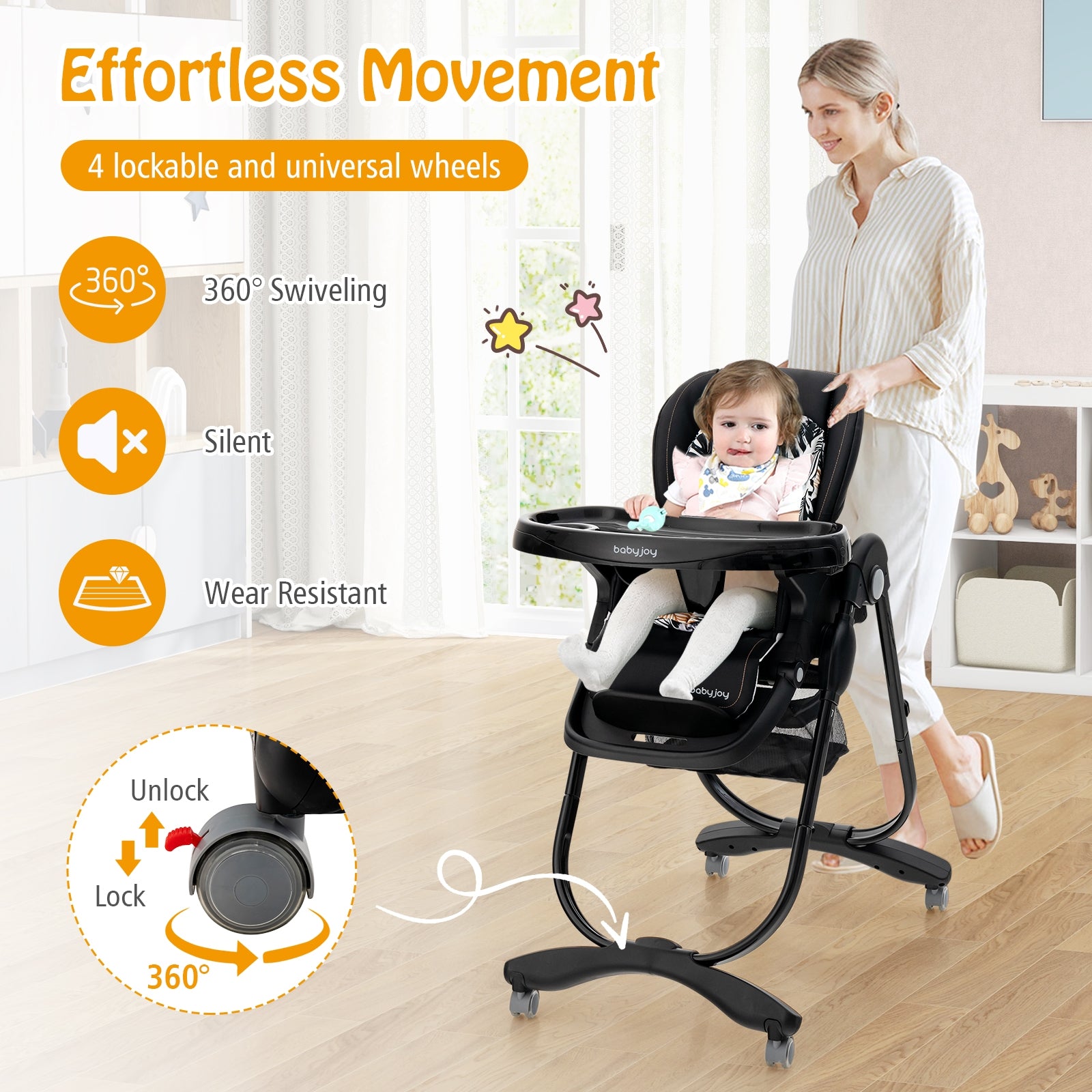 Multifunctional Folding Baby High Chair with Rolling Wheels and Adjustable Height, Black High Chairs   at Gallery Canada