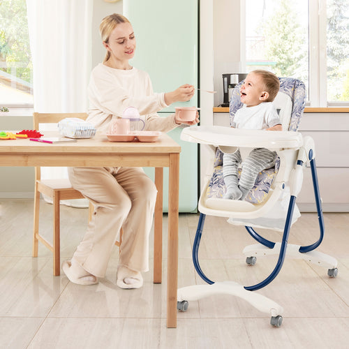 Multifunctional Folding Baby High Chair with Rolling Wheels and Adjustable Height, Navy