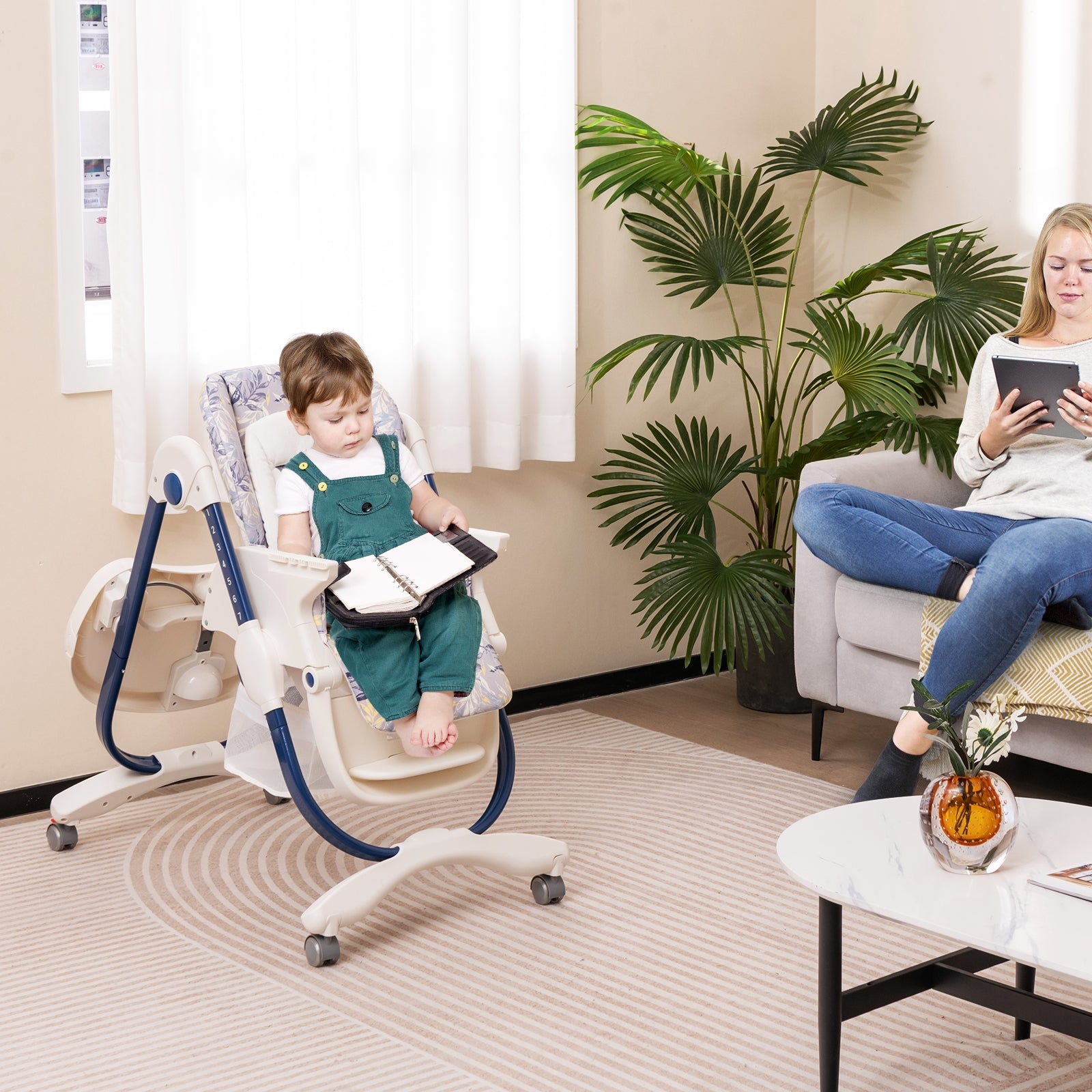 Multifunctional Folding Baby High Chair with Rolling Wheels and Adjustable Height, Navy High Chairs at Gallery Canada