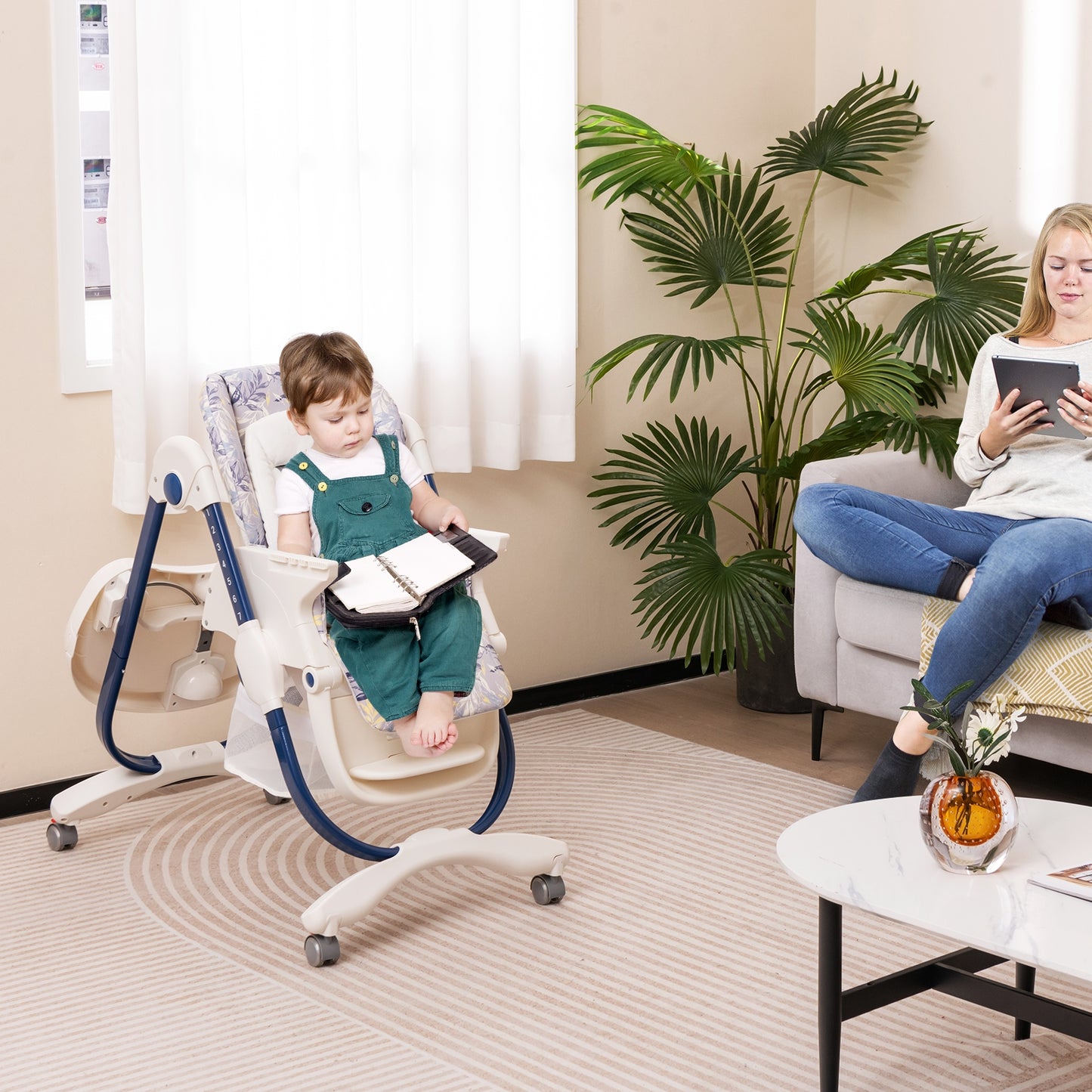 Multifunctional Folding Baby High Chair with Rolling Wheels and Adjustable Height, Navy High Chairs   at Gallery Canada