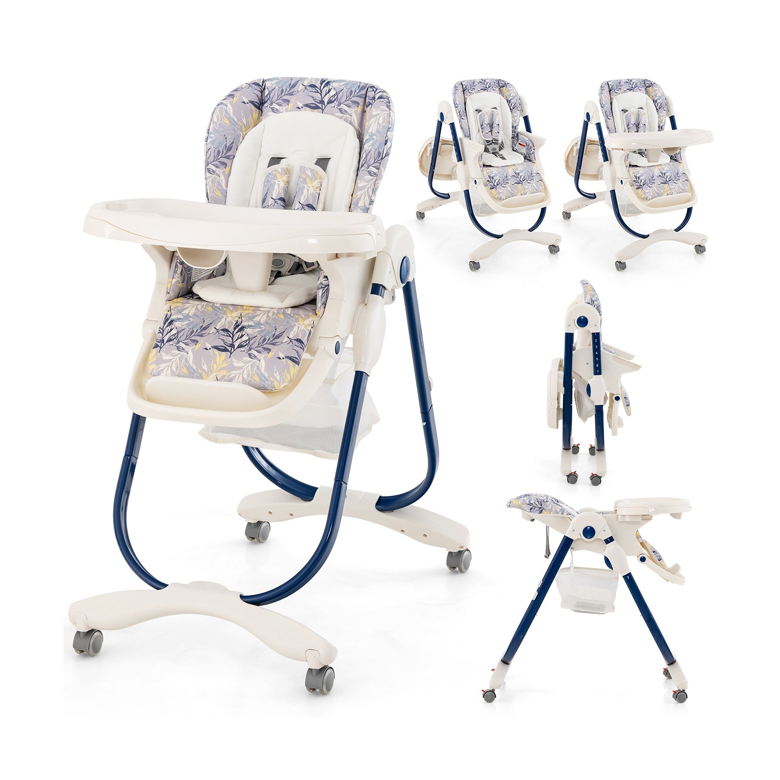 Multifunctional Folding Baby High Chair with Rolling Wheels and Adjustable Height, Navy High Chairs at Gallery Canada