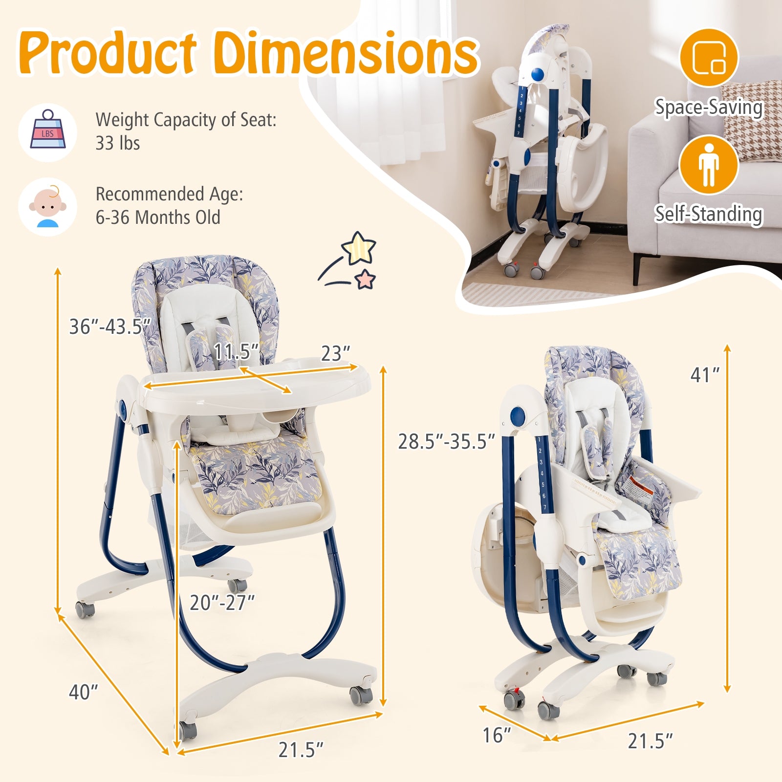 Multifunctional Folding Baby High Chair with Rolling Wheels and Adjustable Height, Navy High Chairs at Gallery Canada