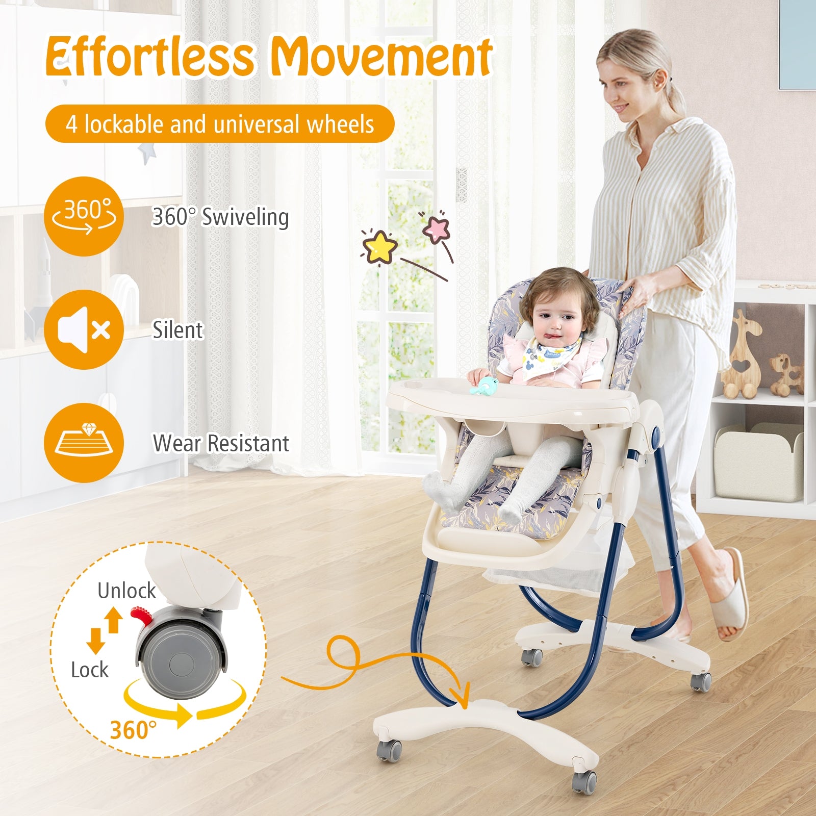 Multifunctional Folding Baby High Chair with Rolling Wheels and Adjustable Height, Navy High Chairs at Gallery Canada
