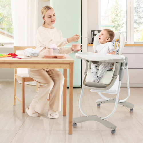 Multifunctional Folding Baby High Chair with Rolling Wheels and Adjustable Height, White