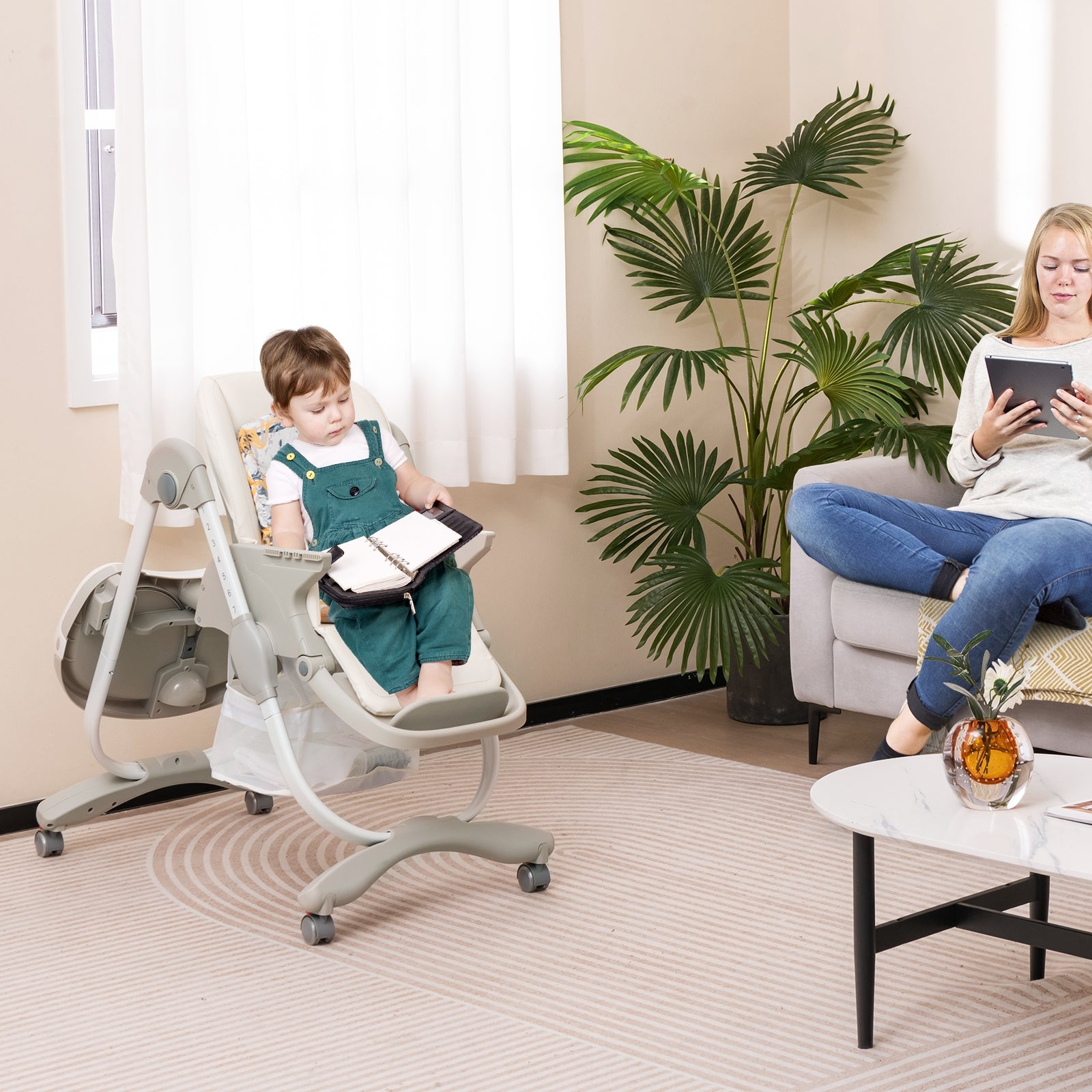 Multifunctional Folding Baby High Chair with Rolling Wheels and Adjustable Height, White High Chairs   at Gallery Canada