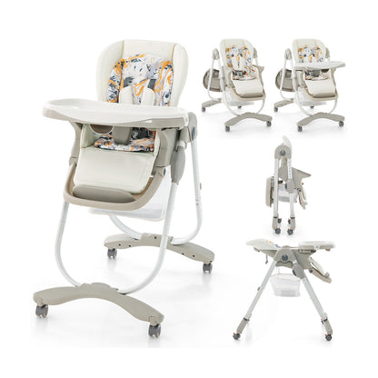 Multifunctional Folding Baby High Chair with Rolling Wheels and Adjustable Height, White High Chairs White  at Gallery Canada