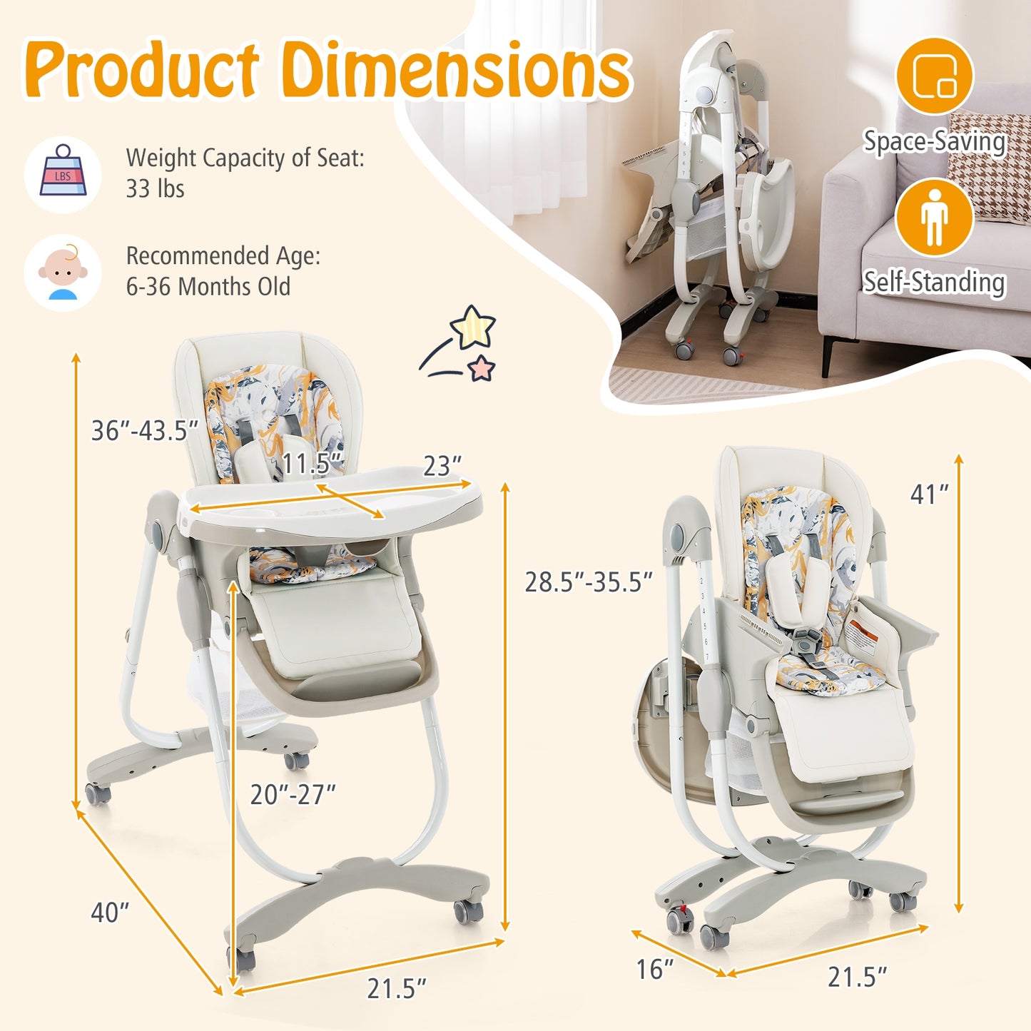 Multifunctional Folding Baby High Chair with Rolling Wheels and Adjustable Height, White High Chairs   at Gallery Canada