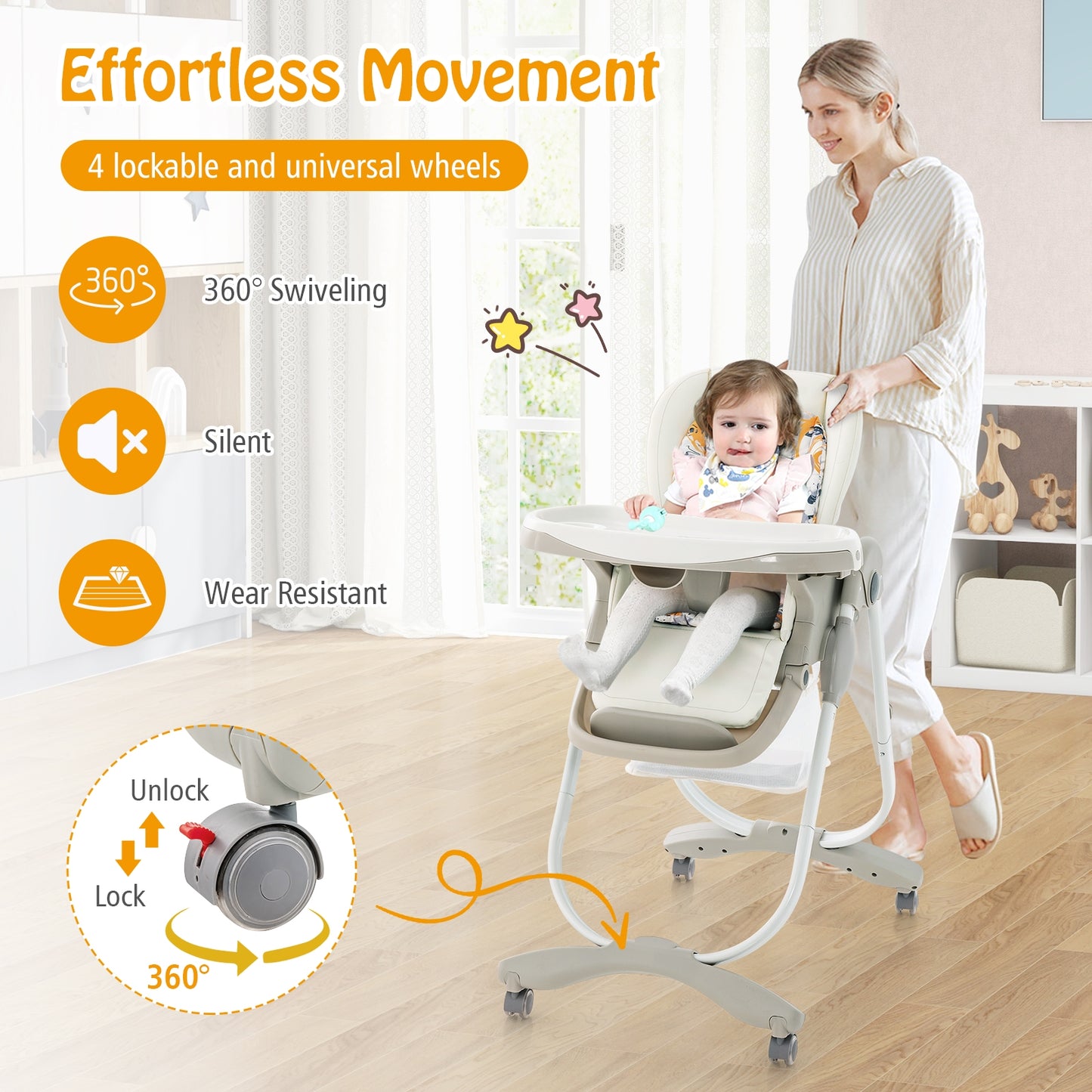 Multifunctional Folding Baby High Chair with Rolling Wheels and Adjustable Height, White High Chairs   at Gallery Canada