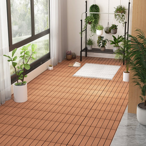 12 x 12 Inch 18 Piece All Weather Interlocking Deck Tiles for Splicing Area, Brown