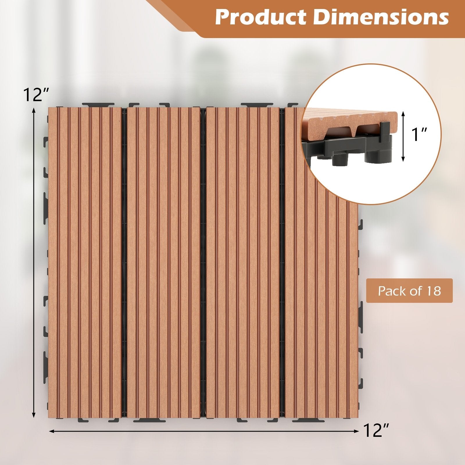 12 x 12 Inch 18 Piece All Weather Interlocking Deck Tiles for Splicing Area, Brown Decorative Fencing & Flooring   at Gallery Canada