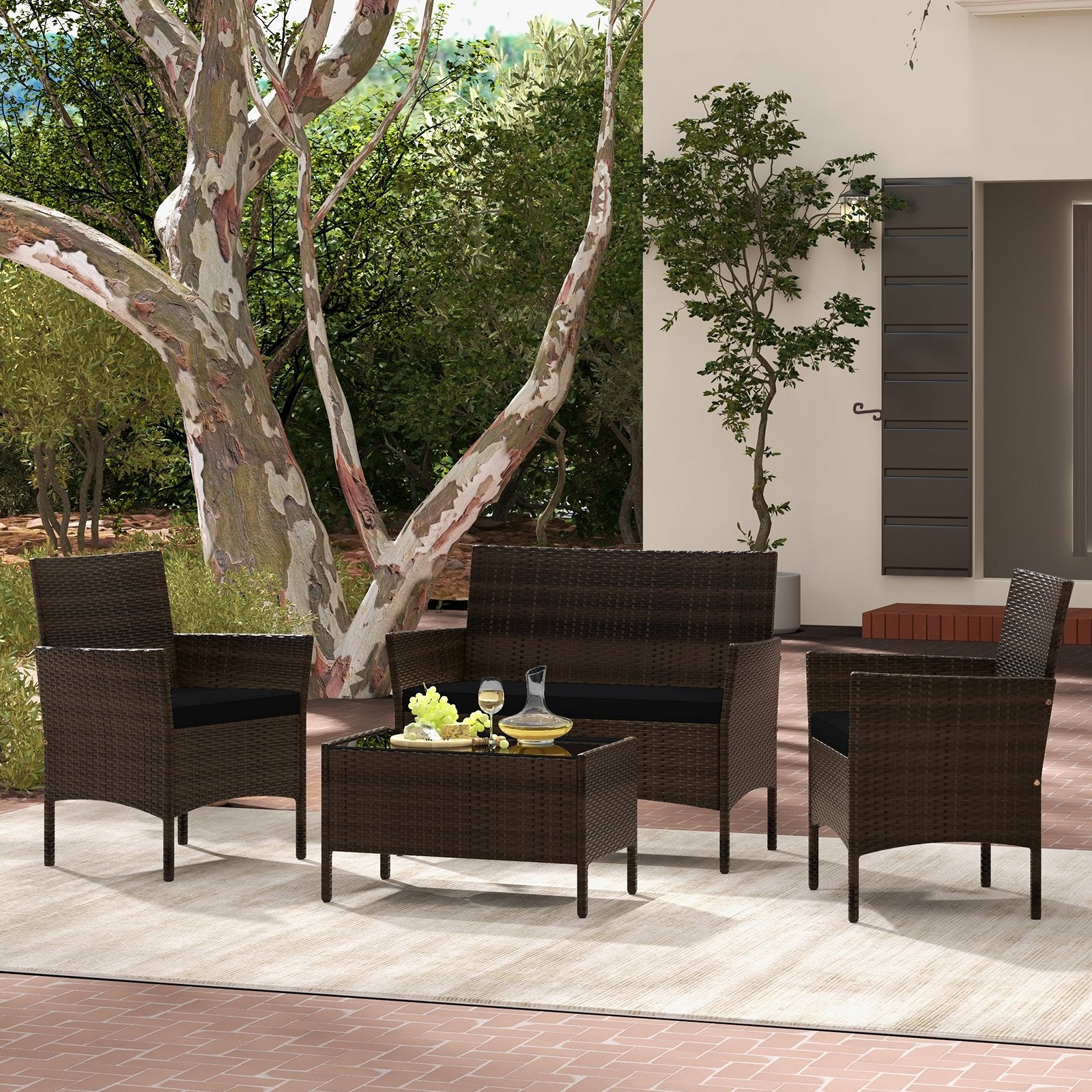 4 Piece Patio Rattan Conversation Set with Cozy Seat Cushions, Black Patio Conversation Sets   at Gallery Canada