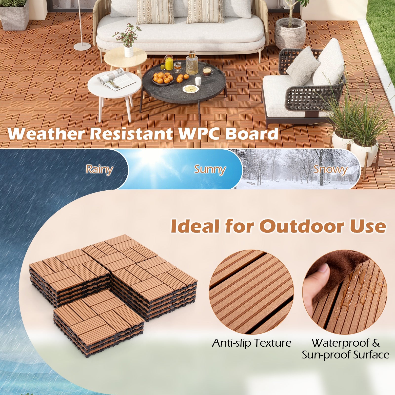 18 Pieces 12 x 12 Inch All Weather Interlocking Deck Tiles, Brown Decorative Fencing & Flooring   at Gallery Canada