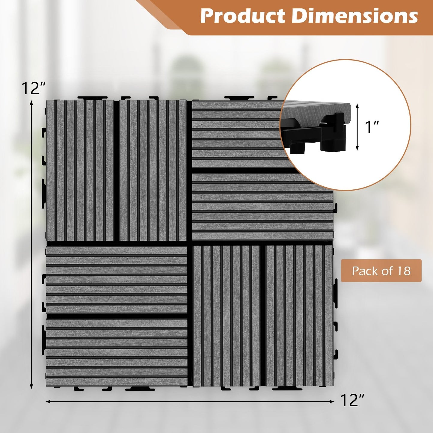 18 Pieces 12 x 12 Inch All Weather Interlocking Deck Tiles, Gray Decorative Fencing & Flooring   at Gallery Canada